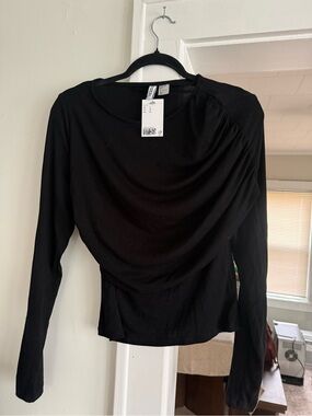 H&M Black Draped Long-Sleeve Blouse